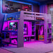 Gray Giga full size gaming loft bed with desk, storage shelves, LED lighting, and hanging clothes rack in a modern bedroom setting.