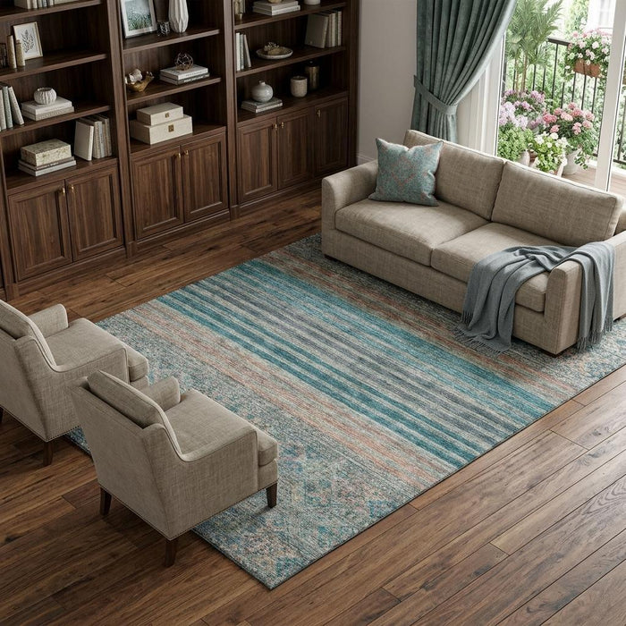 10' X 14' Striped Washable Area Rug With UV Protection (695756) - Teal / Peach / Gray