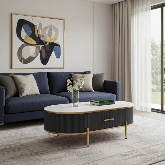 White and gold oval coffee table with stone and stainless steel frame, featuring a drawer for storage, by HomeRoots.