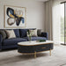 White and gold oval coffee table with stone and stainless steel frame, featuring a drawer for storage, by HomeRoots.