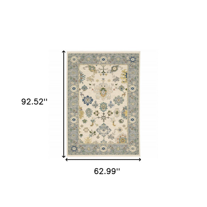 5' x 8' Oriental Power Loom Stain Resistant Area Rug With Fringe - Ivory Blue Gray Teal Gold Green And Rust
