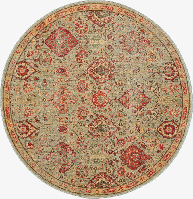 6' Floral Distressed Non Skid Round Rug (550520) - Light Green / Tan / Red