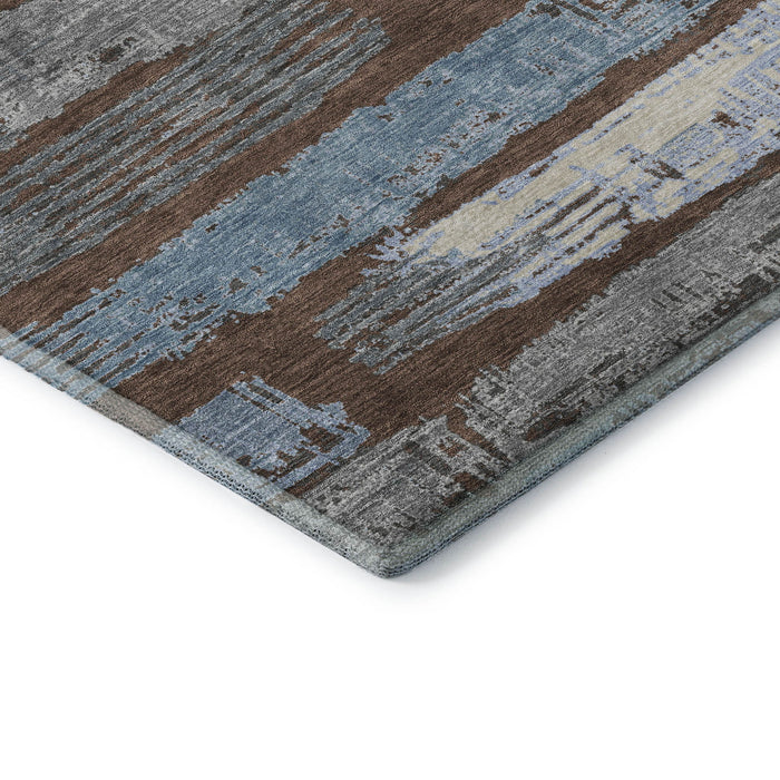 10' X 14' Striped Washable Area Rug With UV Protection (696488) - Chocolate / Blue / Gray