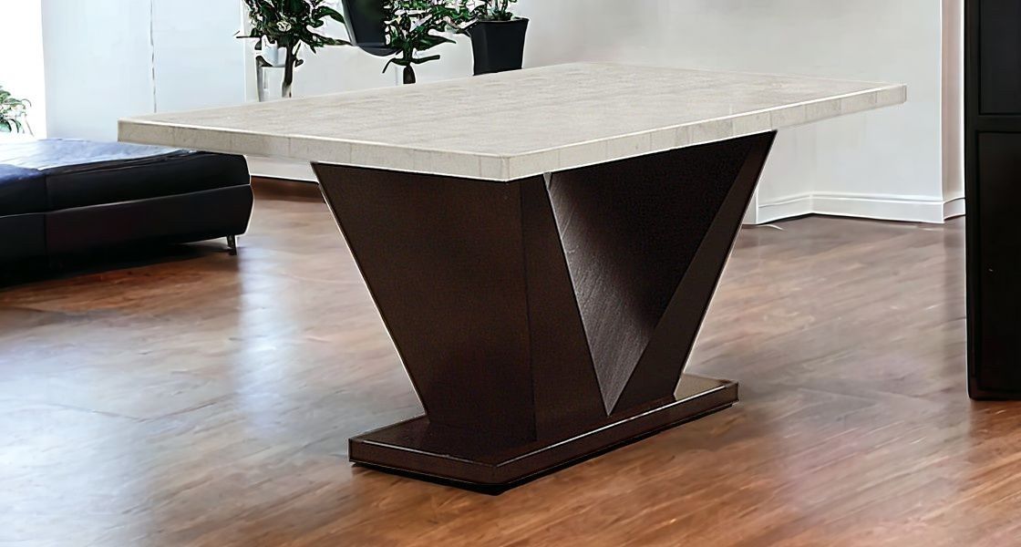 64" Marble And Solid Manufactured Wood Pedestal Base Dining Table - Brown / White