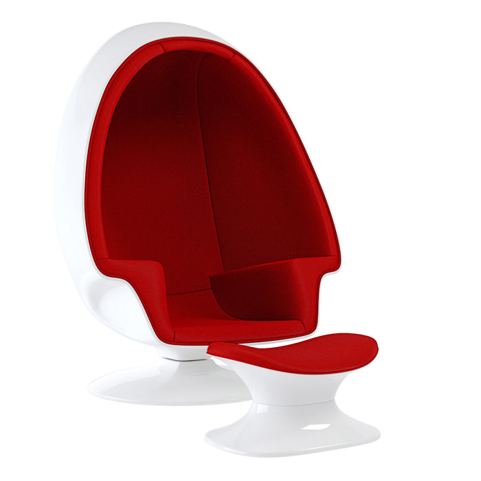 Red and white fiberglass and wool swivel egg chair with ottoman by HomeRoots, featuring a modern design and comfortable seating.