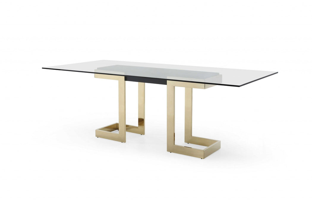 87" Glass And Stainless Steel Double Pedestal Base Dining Table - Clear / Gold