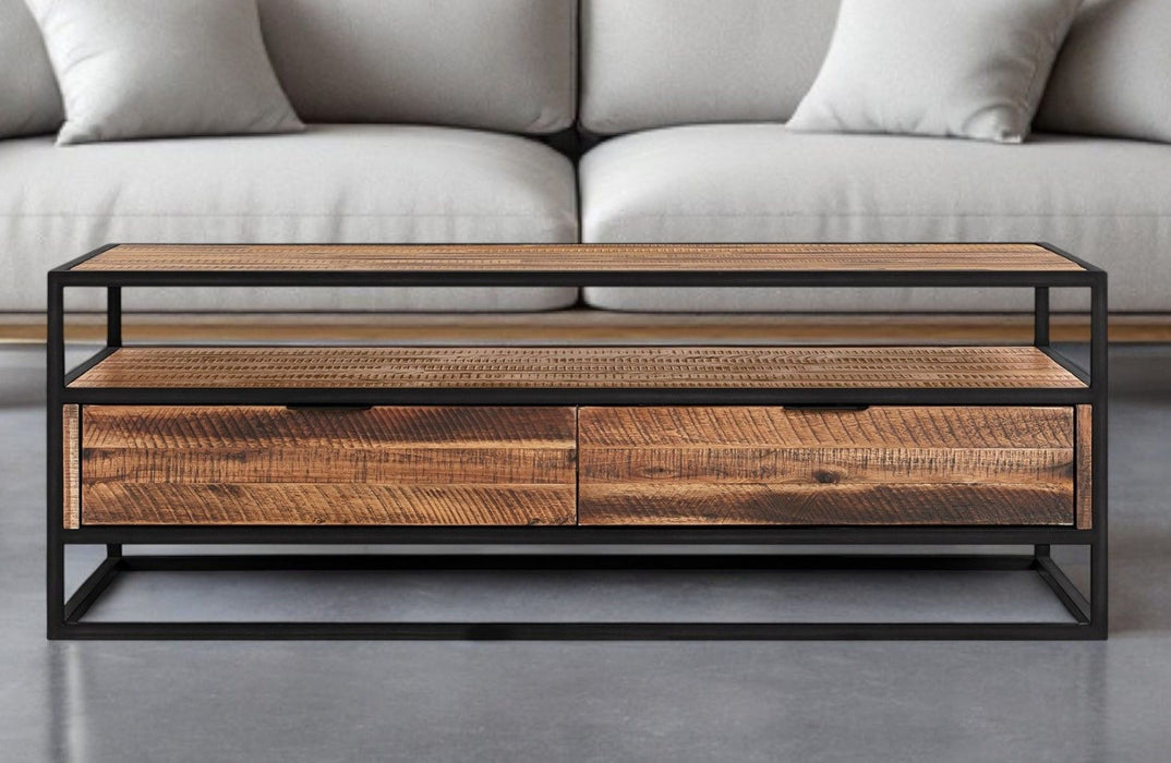 Solid Wood And Metal Coffee Table With Two Drawers And Shelf - Brown And Black