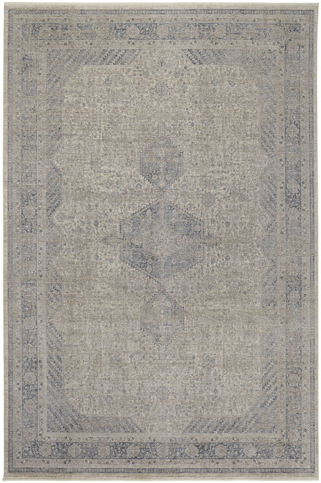 7' x 10' Oriental Power Loom Worn Faded Area Rug With Fringe - Gray Blue And Taupe