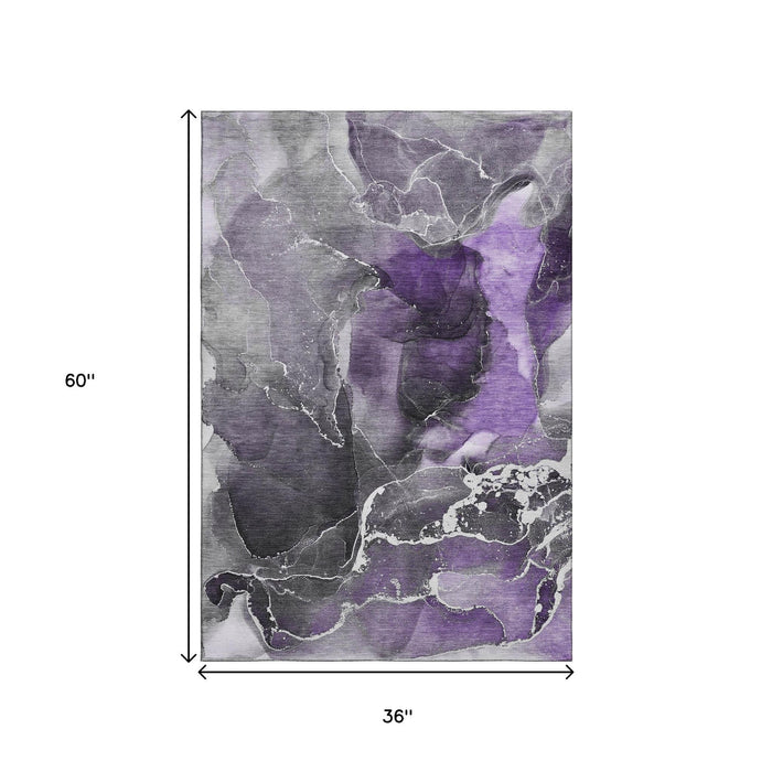 3' X 5' Abstract Washable Area Rug With UV Protection (646693) - Purple / Charcoal