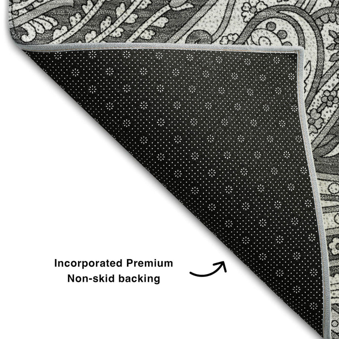 8' Paisley Washable Round Rug With UV Protection (654659) - Gray / Ivory