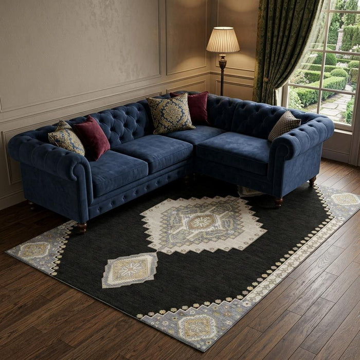 10' X 14' Oriental Washable Area Rug With UV Protection (679546) - Black / Beige / Gold