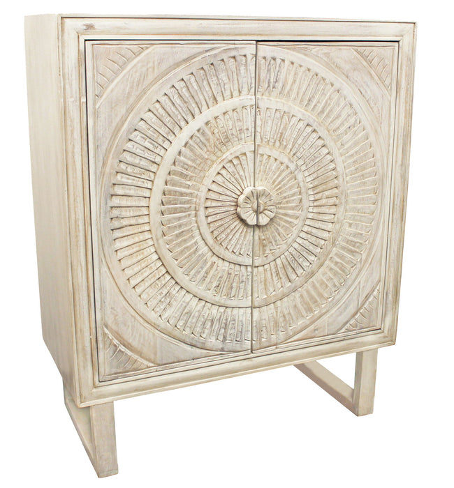 Solid Wood Two Door Floral Carved Accent Cabinet - Distressed White
