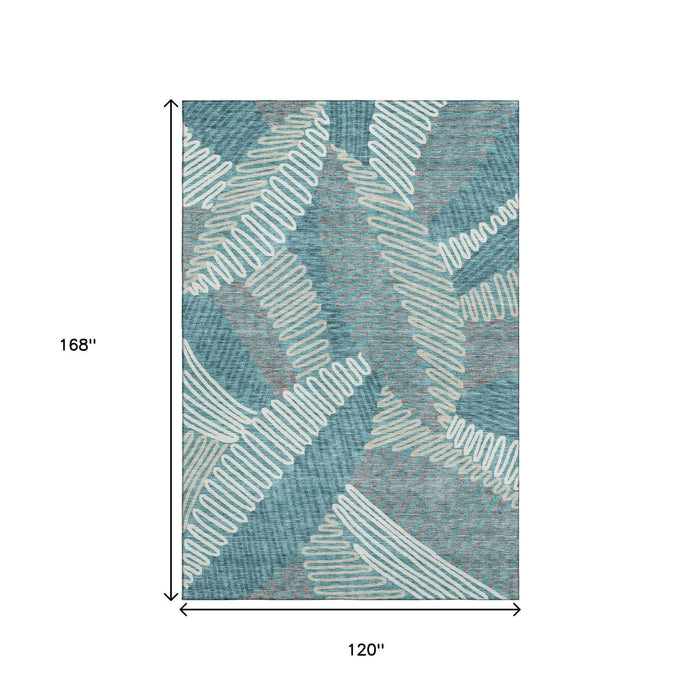10' X 14' Floral Washable Area Rug With UV Protection (671936) - Teal / Ivory / Gray