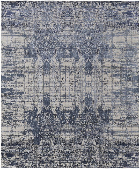 5' x 8' Abstract Hand Woven Worn Faded Area Rug - Blue And Ivory