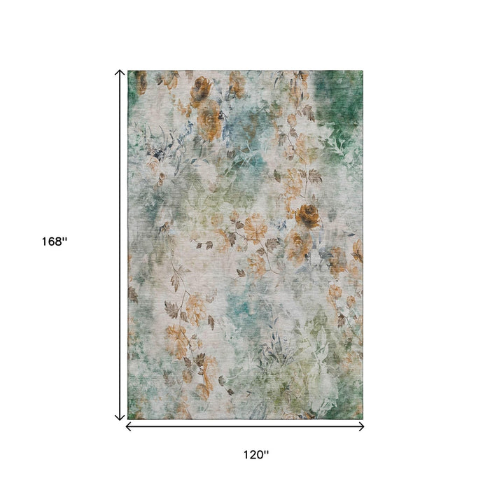 10' X 14' Floral Washable Area Rug With UV Protection (657743) - Teal / Copper / Ivory