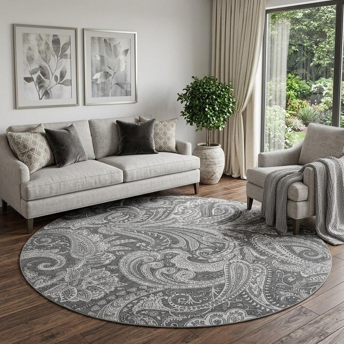 8' Paisley Washable Round Rug With UV Protection (654659) - Gray / Ivory