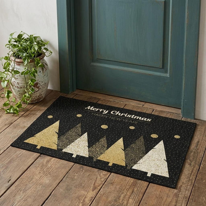 3' X 5' Christmas Tree Washable Area Rug With UV Protection (646464) - Black / Gold / Ivory
