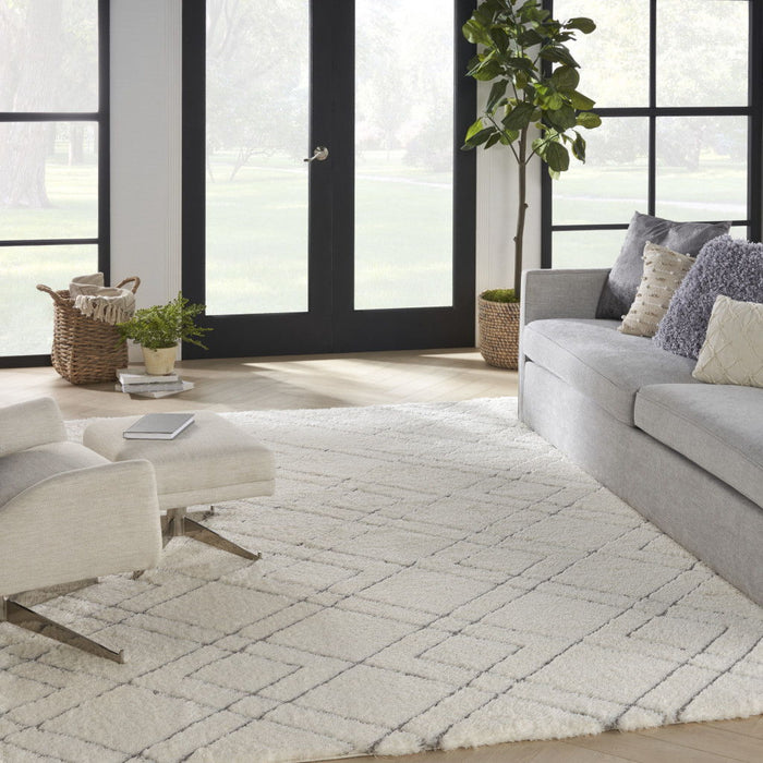 8' X 10' Geometric Shag Area Rug - Ivory And Gray