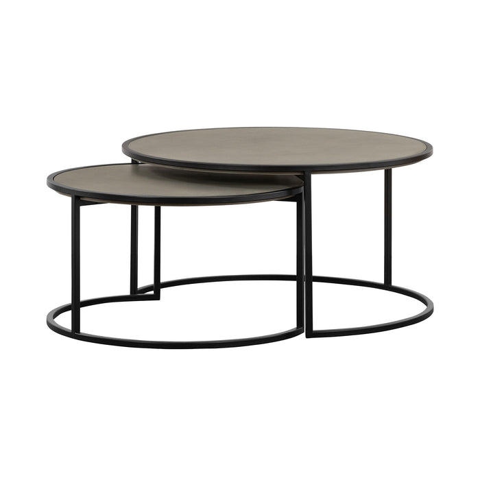 Set of two HomeRoots concrete and metal nesting coffee tables in gray and black, showing round tabletop and modern design.