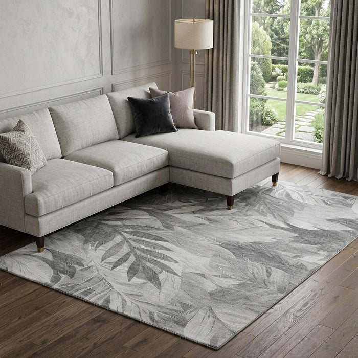 10' X 14' Floral Washable Area Rug With UV Protection (694026) - Gray / Silver / Charcoal
