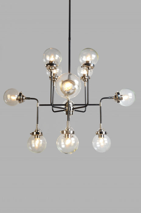 HomeRoots Sputnik eight-light metal chandelier with black and white shades, modern lighting fixture with a sleek design.