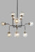 HomeRoots Sputnik eight-light metal chandelier with black and white shades, modern lighting fixture with a sleek design.