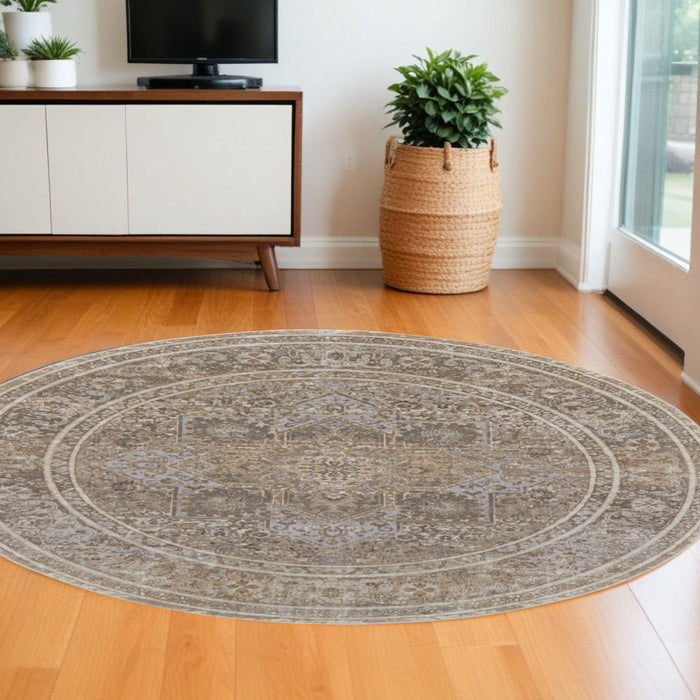 8' Round Medallion Power Loom Distressed Area Rug - Brown And Ivory
