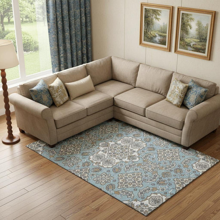 10' X 14' Floral Medallion Washable Area Rug With UV Protection (705869) - Sky Blue / Ivory