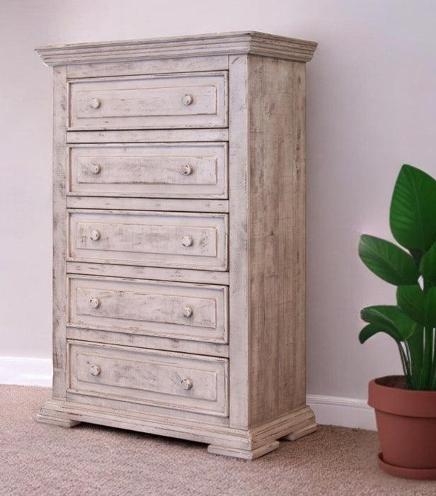 Solid Wooden 5 Drawer Chest - White