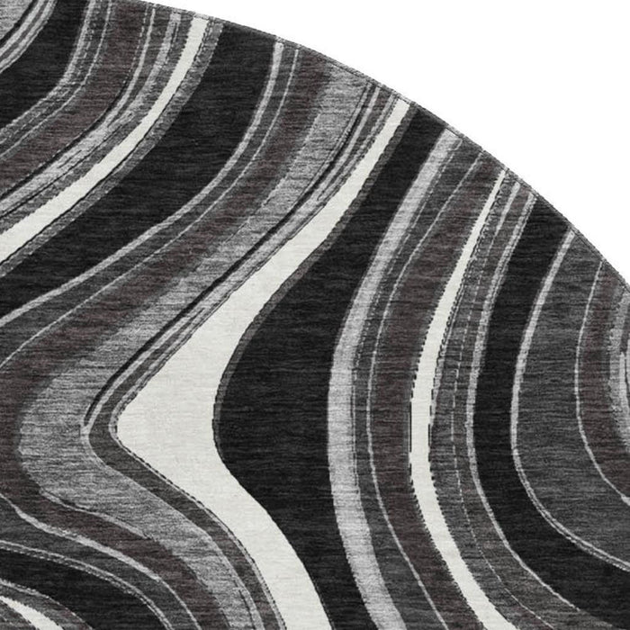 8' Marble Washable Round Rug With UV Protection - Black