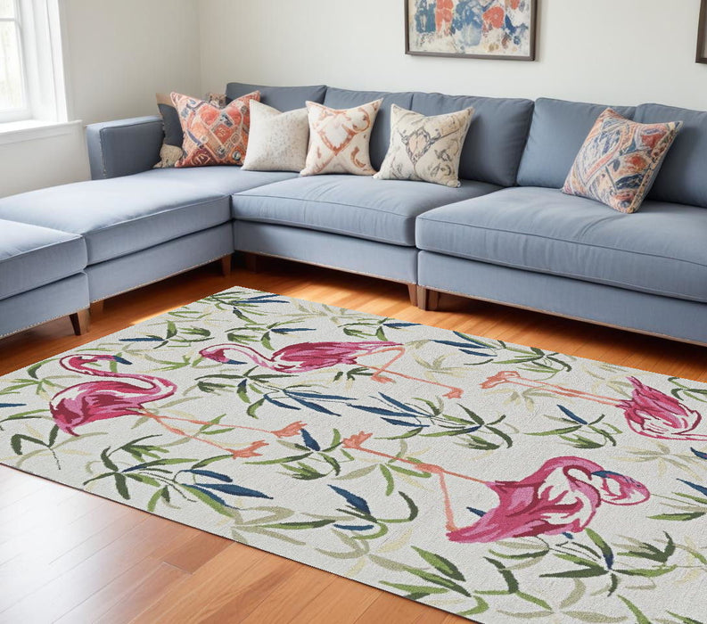 8' x 10' Hand Hooked Flamingo Indoor Area Rug - Ivory Pink