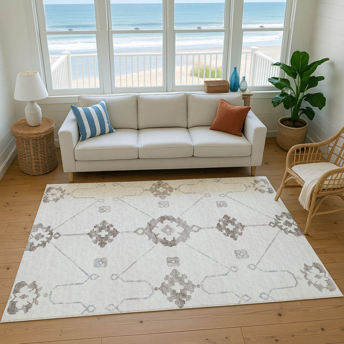 10' X 14' Floral Medallion Washable Area Rug With UV Protection - Taupe And Ivory