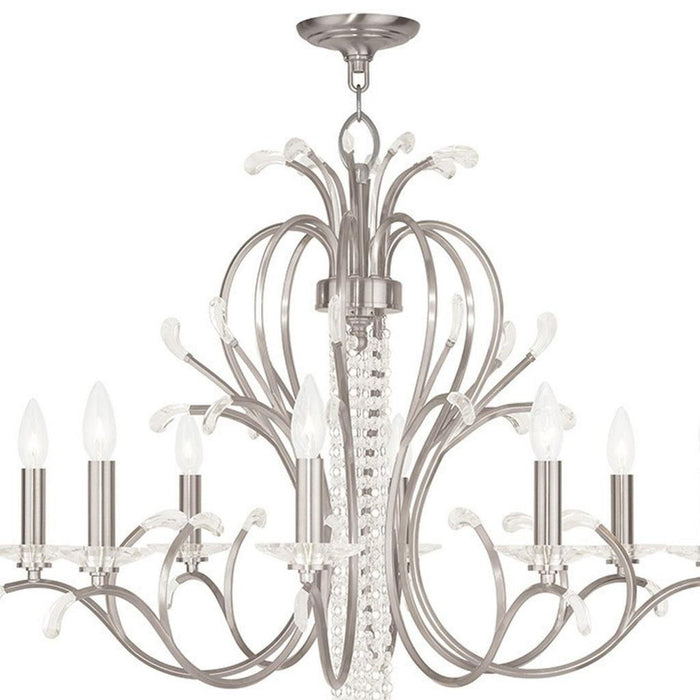 28-inch metal chandelier with eight clear shades, dimmable lighting, in nickel finish, by HomeRoots.