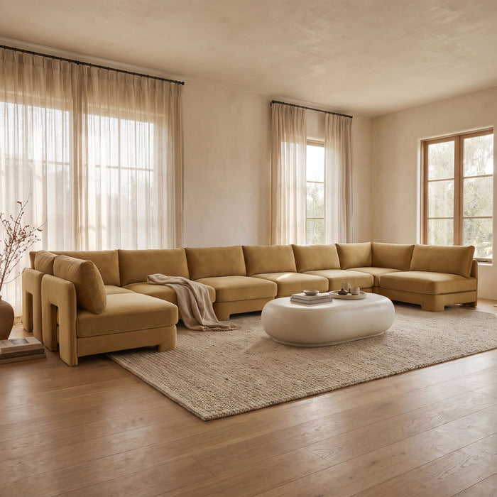 Beige Hammond velvet performance fabric U-shaped sectional by Meridian Furniture with armless seats, stationary design.