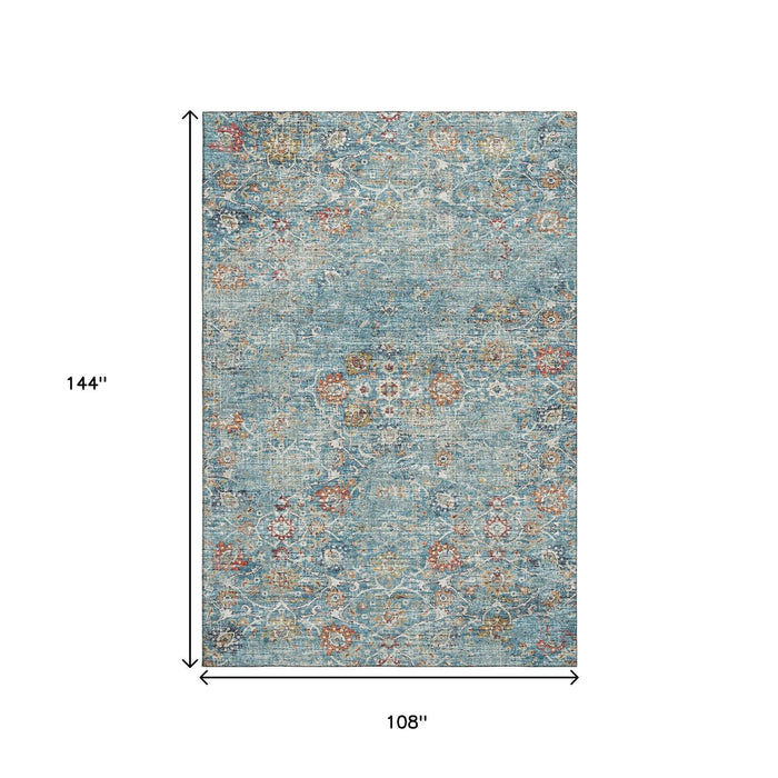 9' X 12' Floral Medallion Distressed Washable Area Rug With UV Protection (644215) - Blue / Orange / Gold