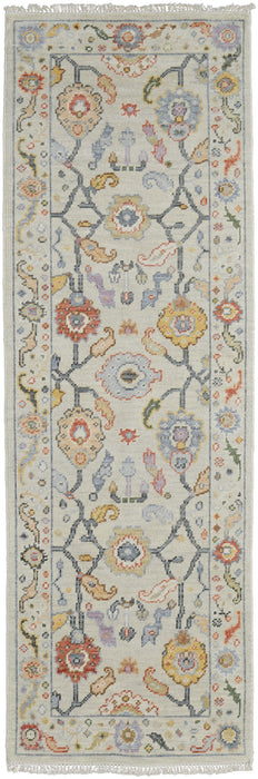 8' Wool Oriental Hand Knotted Runner Rug With Fringe - Gray And Yellow