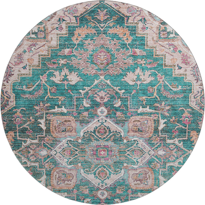 8' Floral Medallion Washable Round Rug With UV Protection - Emerald