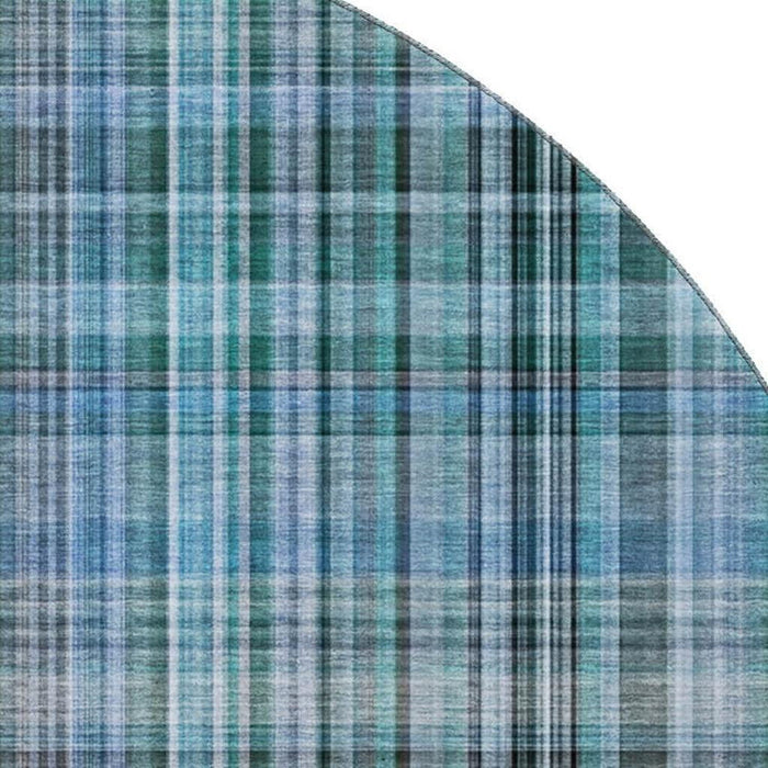 8' Plaid Washable Round Rug With UV Protection (648307) - Teal / Gray