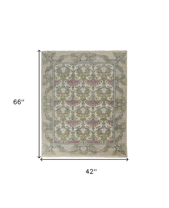 4' x 6' Wool Floral Hand Knotted Area Rug - Ivory Gray And Pink