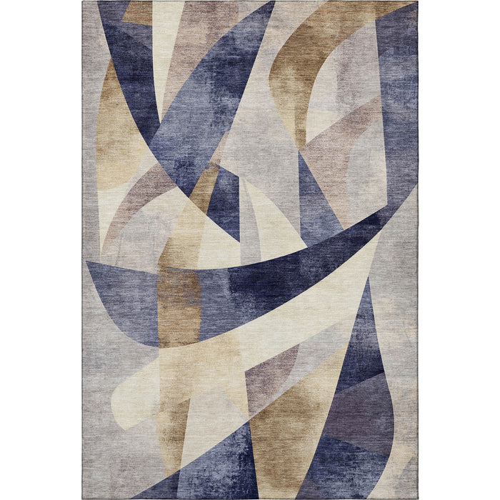 10' X 14' Abstract Geometric Washable Area Rug With UV Protection (705263) - Navy Blue / Ivory / Brown