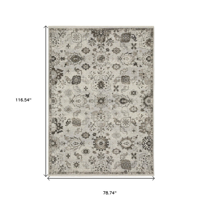 7' X 10' Oriental Area Rug With Fringe - Ivory And Gray