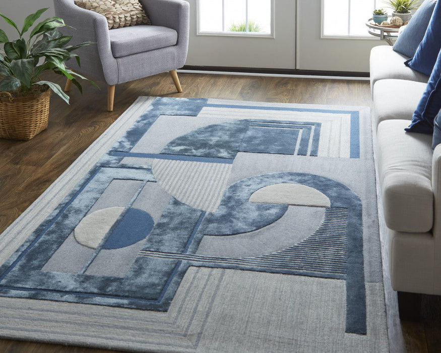 9' x 12' Wool Striped Tufted Handmade Area Rug - Blue Ivory And Gray