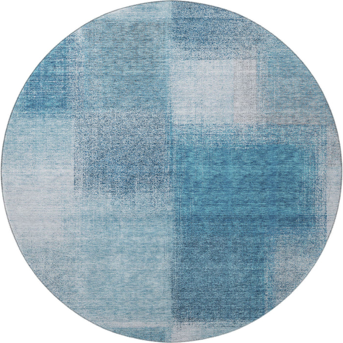 8' Abstract Washable Round Rug With UV Protection - Denim Blue / Ivory