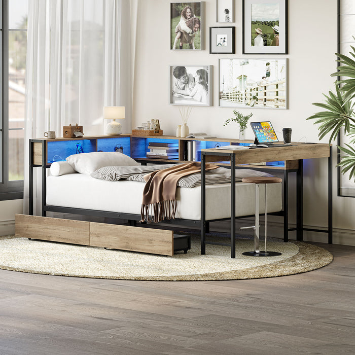 Gray Giga twin size corner bed frame with built-in bookcase, underbed storage drawers, LED light, and charging station, reversible design.