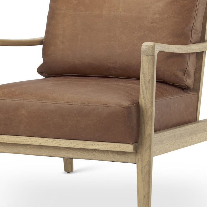 Genuine Leather And Solid Wood Arm Chair - Brown