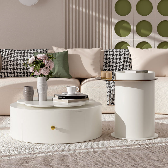 Off-white Giga modern round coffee table set with flower-shaped tops, 360-degree rotatable surfaces, and two drawers for living room.