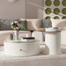 Off-white Giga modern round coffee table set with flower-shaped tops, 360-degree rotatable surfaces, and two drawers for living room.
