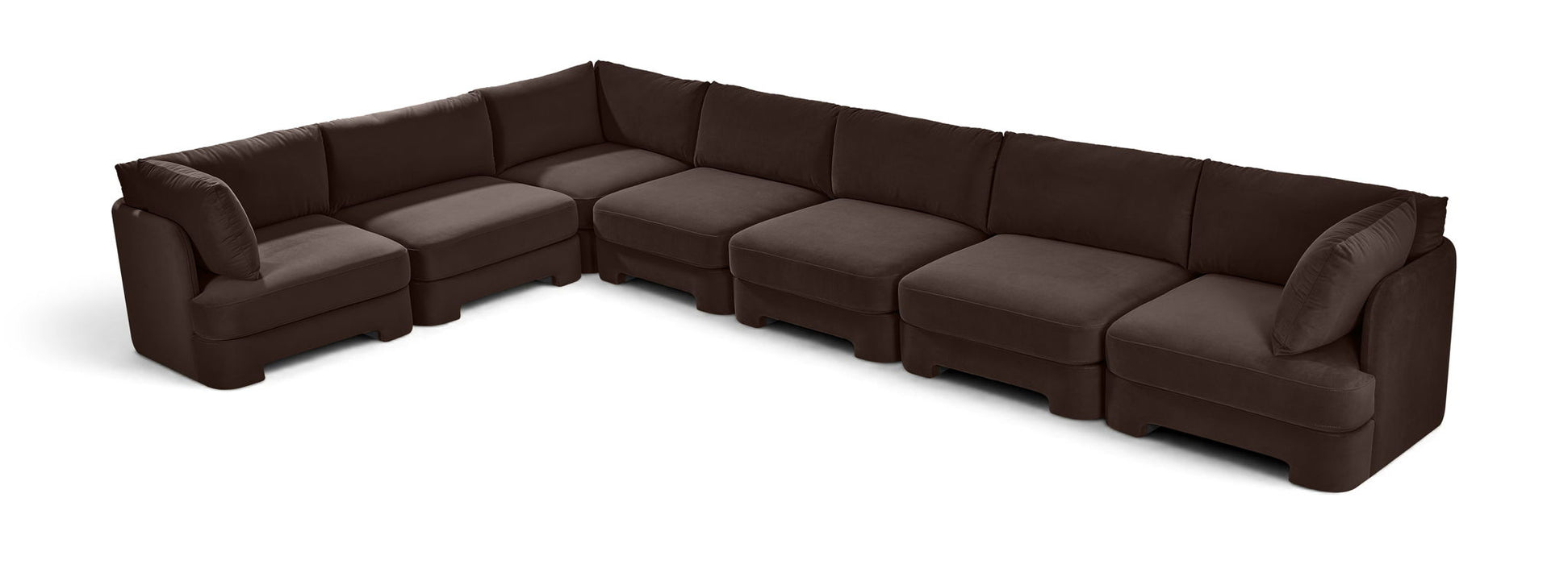 Velvet performance fabric upholstered 7-piece stationary sectional sofa by Meridian Furniture, featuring plush cushions and modern design.