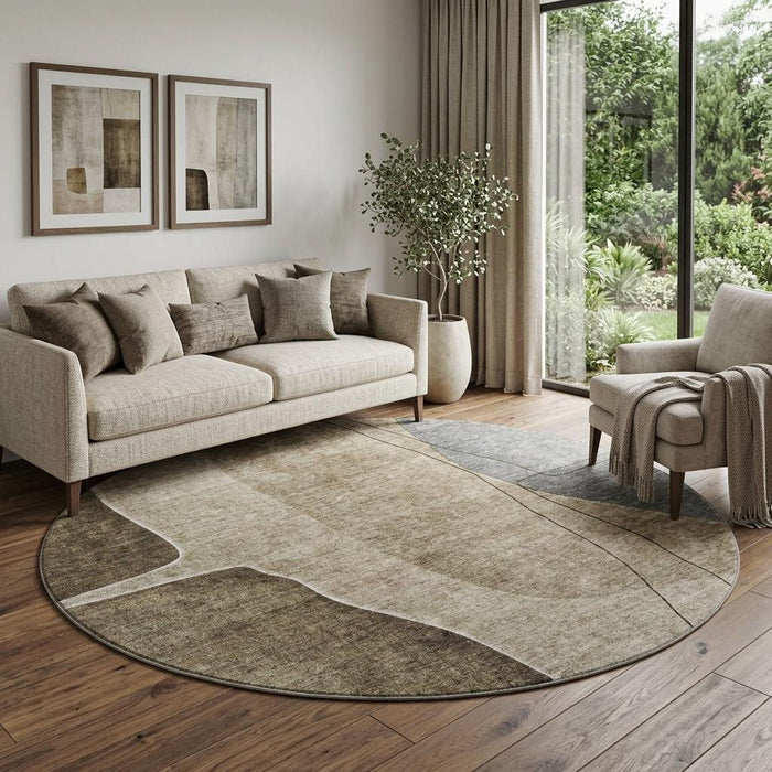 8' Abstract Washable Round Rug With UV Protection (656552) - Brown / Beige / Blue