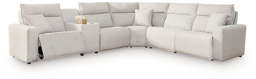 Signature Design by Ashley Modmax II reclining sectional in stone fabric, showing plush cushions and reclining feature.